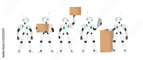 A white robot holds a box. Set of futuristic robots. The concept of future delivery, artificial intelligence and technology. Isolated, vector.