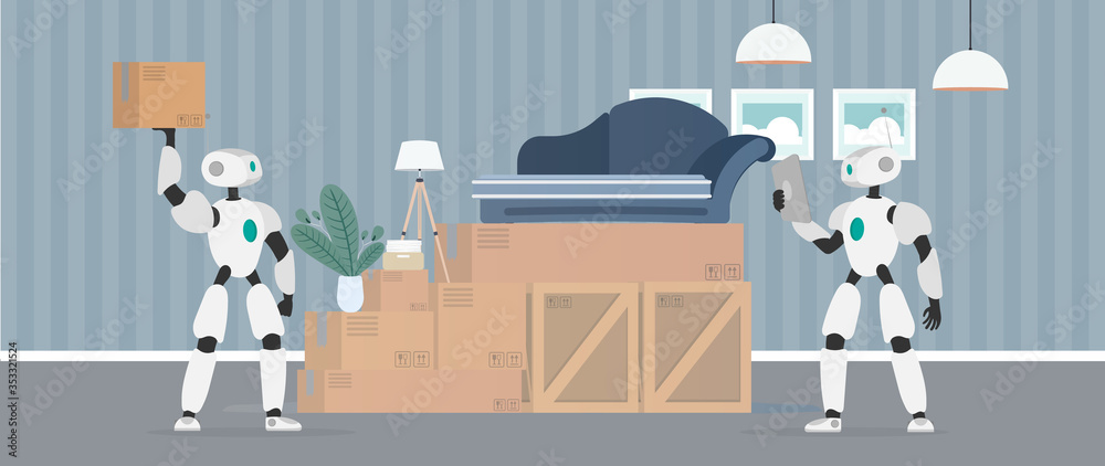 Moving home banner. Moving to a new place. A white robot holds a box. Carton boxes. The concept of the future, delivery and loading of goods using robots. Vector.