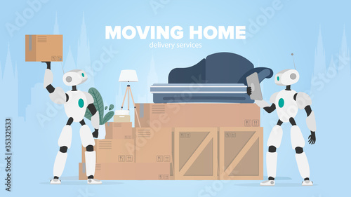 Moving home banner. Moving to a new place. A white robot holds a box. Carton boxes. The concept of the future, delivery and loading of goods using robots. Vector.