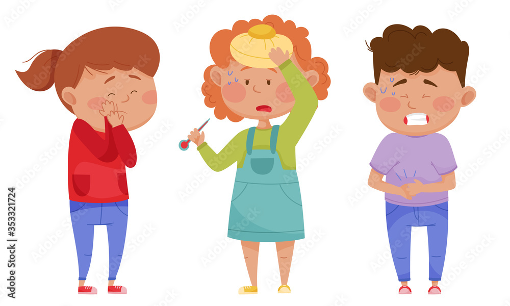 Sick Children Feeling Unwell and Sad Vector Illustrations Set Sick Children Feeling Unwell and Sad Vector Illustrations Set