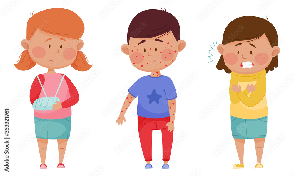 Sick Children Feeling Unwell and Sad Vector Illustrations Set Sick Children Feeling Unwell and Sad Vector Illustrations Set