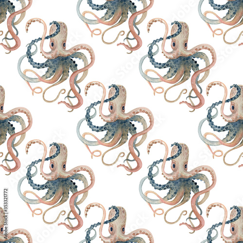 Watercolor octopus seamless pattern, hand painted illustration isolated on white background