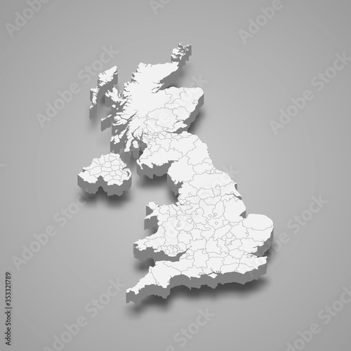 United Kingdom 3d map with borders Template for your design