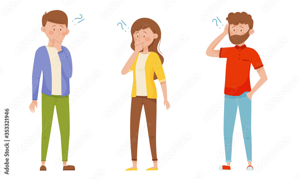 People Characters Standing with Thoughtful Expression on Their Faces and Question Marks Vector Illustrations Set