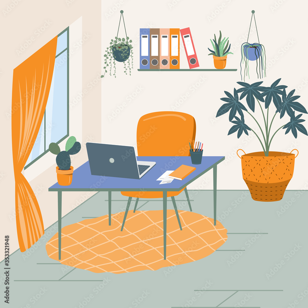 Interior of the working room. Vector banner. Design of a cozy room with window, decor accessories and work desk. Flat style vector illustration Interior of the working room. Vector banner. Design of a cozy room with window, decor accessories and work desk. Flat style vector illustration