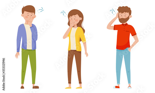 People Characters Standing with Thoughtful Expression on Their Faces and Question Marks Vector Illustrations Set