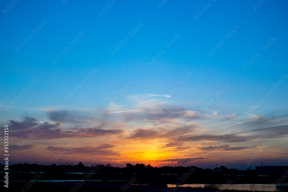 landscape silhouette sunset with blue sky