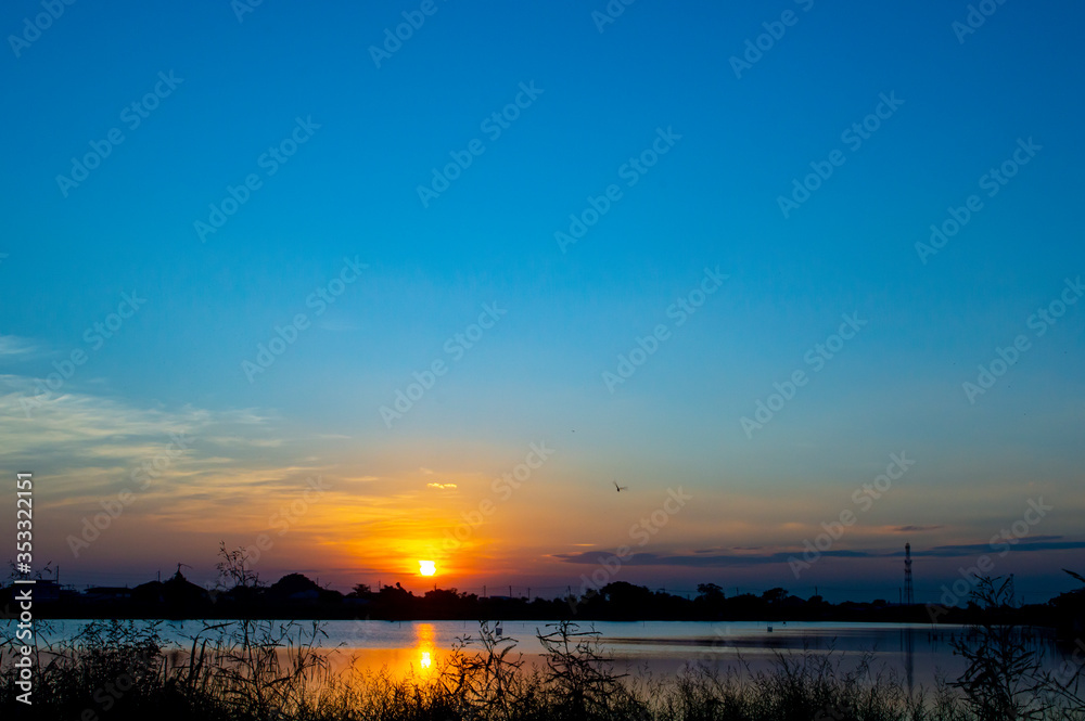 landscape silhouette sunset with blue sky