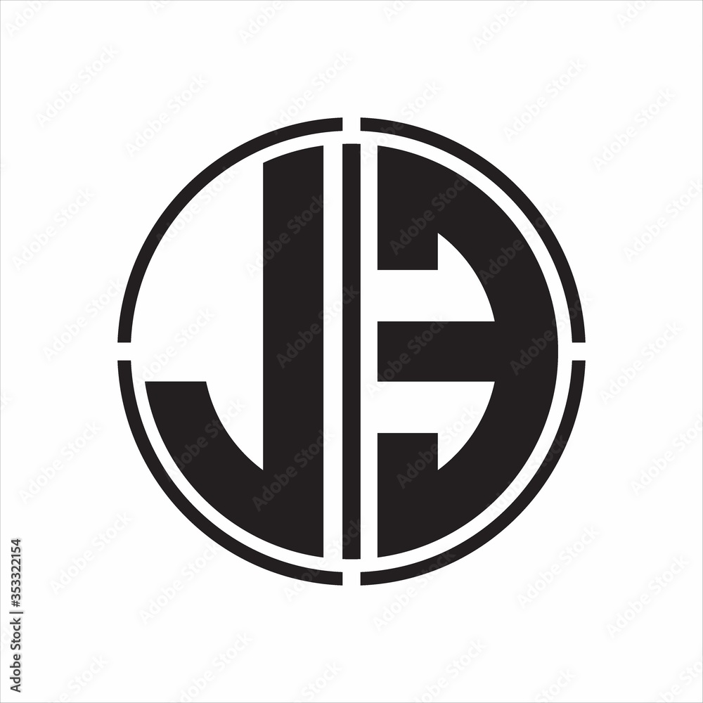 JE Logo initial with circle line cut design template on white background JE Logo initial with circle line cut design template on white background