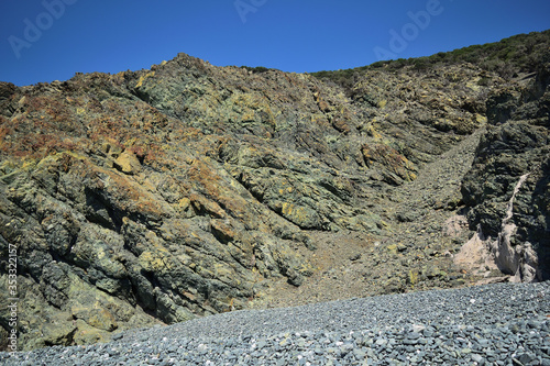 Rocky coast of the sea - granite erosion at Kipos beach, Samothraki island, Greece, Aegean sea photo