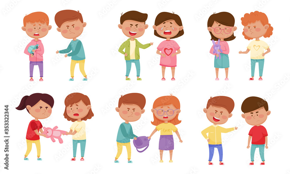 Bullying Children Characters Abusing and Treating Badly Another Kids Vector Illustrations Set Bullying Children Characters Abusing and Treating Badly Another Kids Vector Illustrations Set