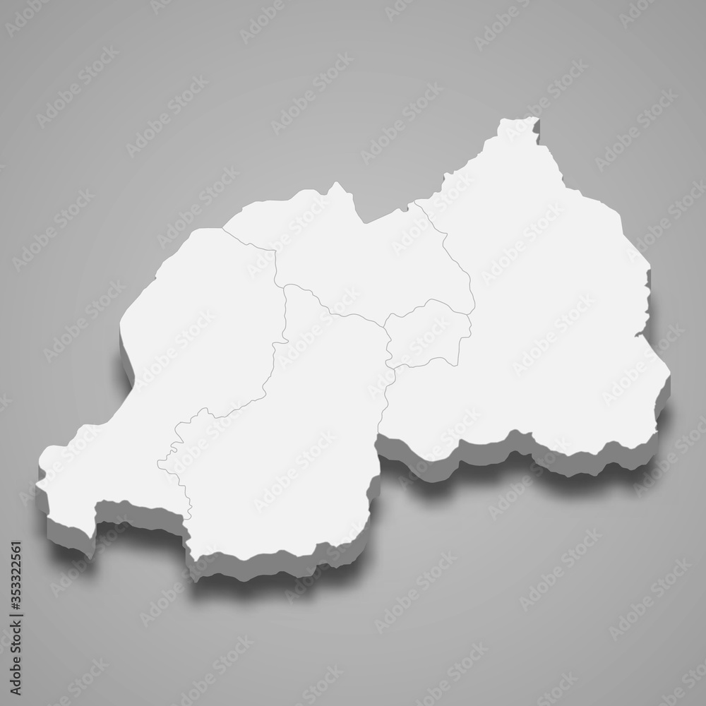 Rwanda 3d map with borders of regions Template for your design