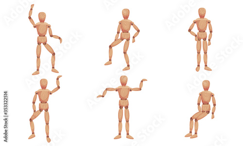 Wooden Mannequin with Joints in Different Poses Isolated on White Background Vector Set