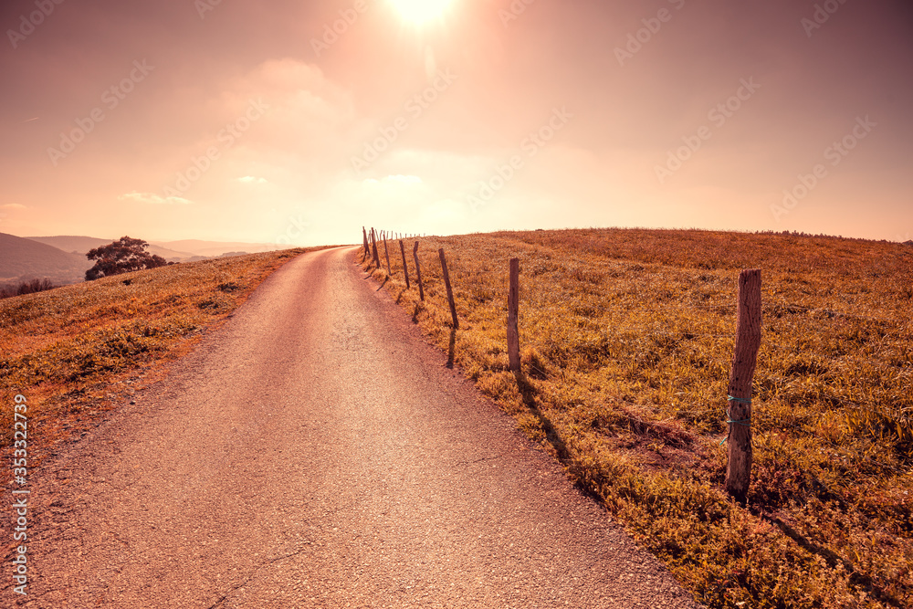 Country road on the mountain on a spring sunny day. Rural landscape. Cantabria, Spain, Europe