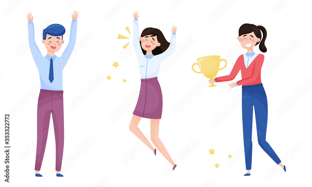 People Characters Standing and Cheering About Victory Vector Illustrations Set People Characters Standing and Cheering About Victory Vector Illustrations Set