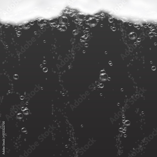 Foam with pure oxygen bubbles under water isolated on black background. Soap, gel or shampoo underwater texture. Vector realistic soda effect pattern.