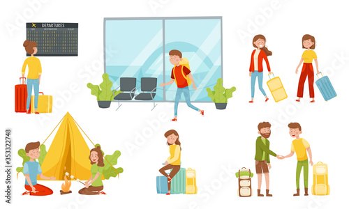 People Travelers Hiking with Backpacks, Camping and Waiting for Their Flight in the Airport Vector Illustrations Set