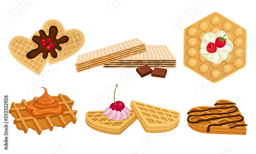 Waffles with Textured Surface and Sweet Topping with Berries and Whipped Cream Vector Set