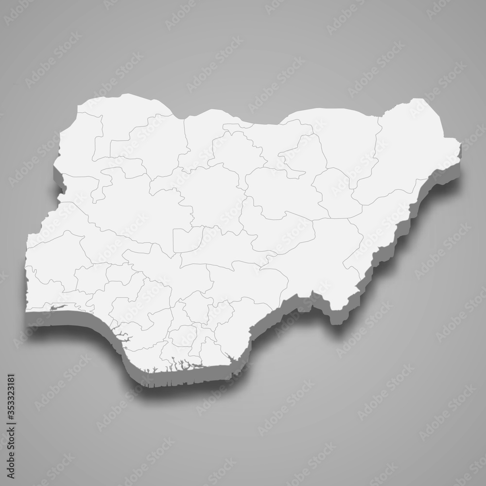Nigeria 3d map with borders of regions Template for your design