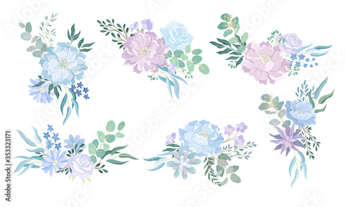 Flower Buds with Lush Petals in Tender Floral Composition with Twigs Vector Set