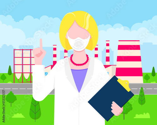 Confused woman doctor in mask against smog. Fine dust, air pollution, industrial smog protection concept flat style design vector illustration. Industrial factory pipes with huge clouds of smoke.
