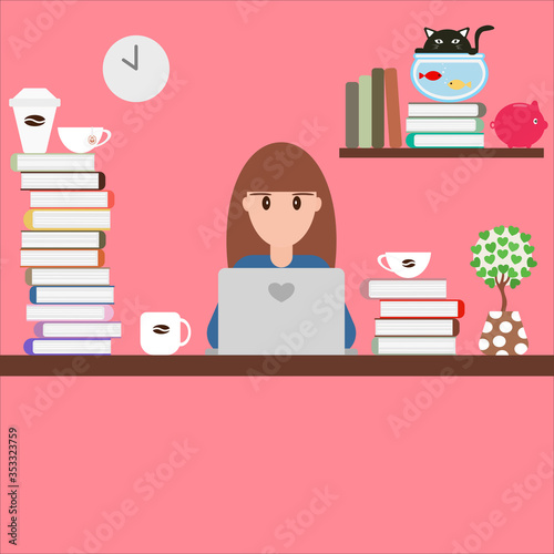 Flat style vector of women working at home with laptop. Drink tea and coffees, use a lot of books. A black cat is interested in fish in the jar. Illustration for work from home in quarantine concept.