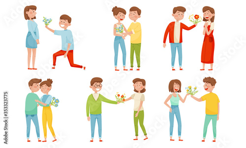 Young Man Giving Flowers Bouquet to Woman Vector Illustrations Set