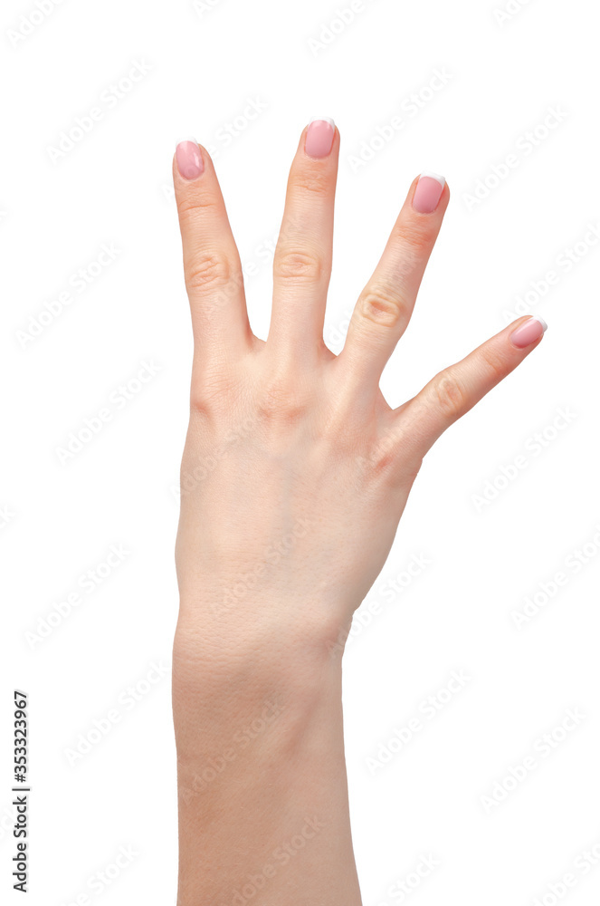 Female hand showing four fingers on white background Female hand showing four fingers on white background