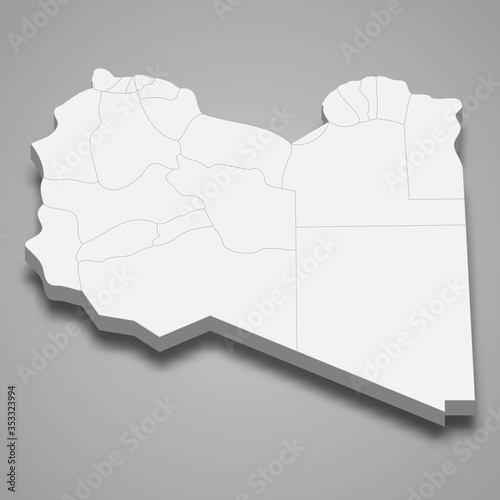 Libya 3d map with borders of regions Template for your design