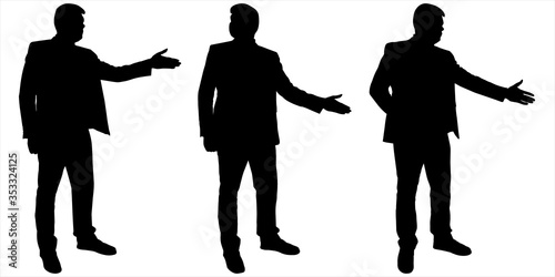 Businessman stands still and holds out one hand forward. Man in a business suit. Black silhouette is isolated on a white background. Three guys stand one after another in one line. Side view, profile.