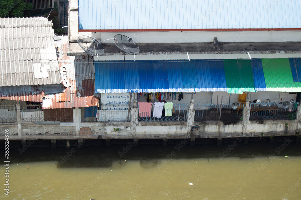 Aerial View of River in Thailand with Colorful Building Aerial View of River in Thailand with Colorful Building