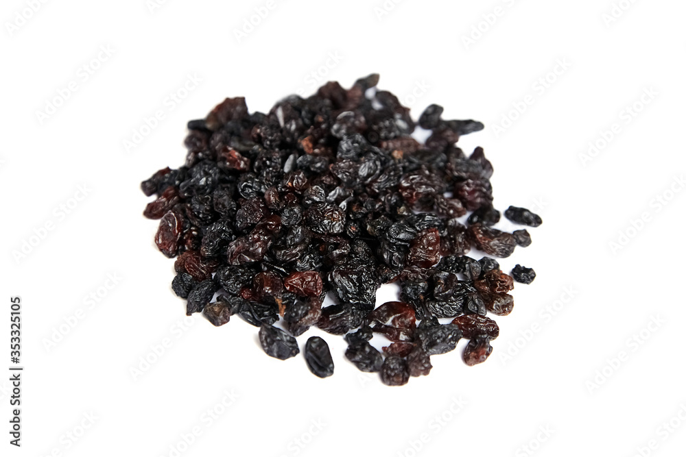 Raisins isolated on white background. Heap of dried red grapes Raisins isolated on white background. Heap of dried red grapes