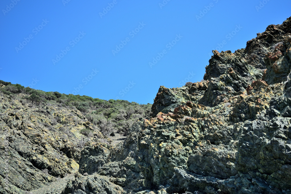 Rocky coast of the sea - granite erosion at Kipos beach, Samothraki island, Greece, Aegean sea