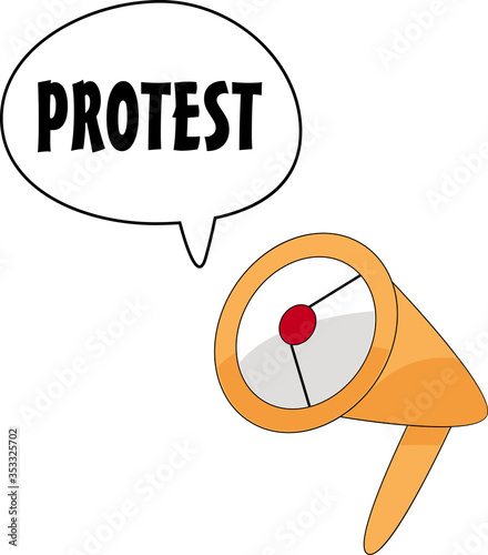 Vector illustration of a megaphone and the text "protest" in the form of a message icon. The concept of protest, revolution, insurrection, rally, voice.