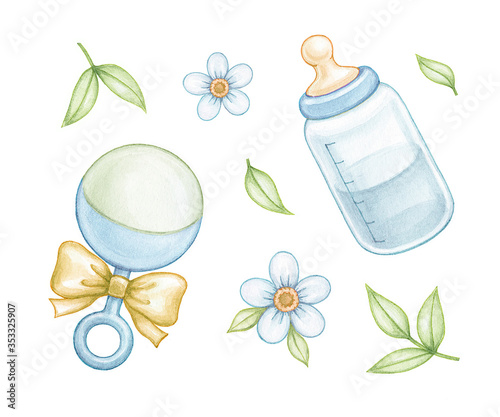 Beanbag and bottle in blue color for a newborn baby boy. Watercolor cute set of elements isolated on a white background.