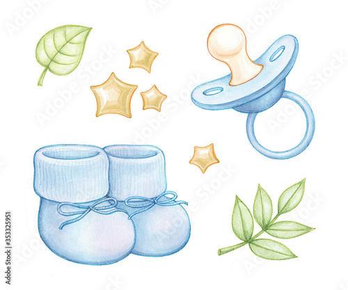Blue booties and nipple for a newborn baby boy. Watercolor cute set of elements isolated on a white background.