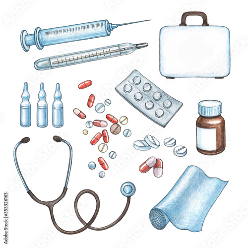 Standard medical kit of examination devices and medications for treating a patient. Realistic watercolor objects such as a thermometer, a stethoscope, a syringe, pills and others on white background.