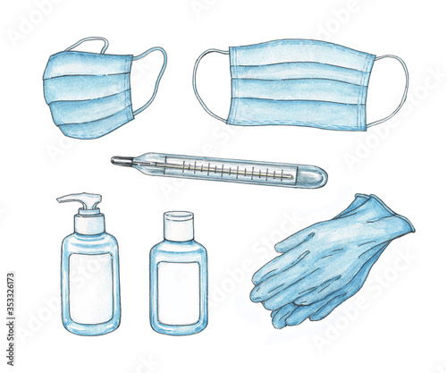 Set of tools for personal hygiene and prevention of virus infection: masks, thermometer, hand sanitizer, rubber gloves. Watercolor hand-drawn illustration on white background.