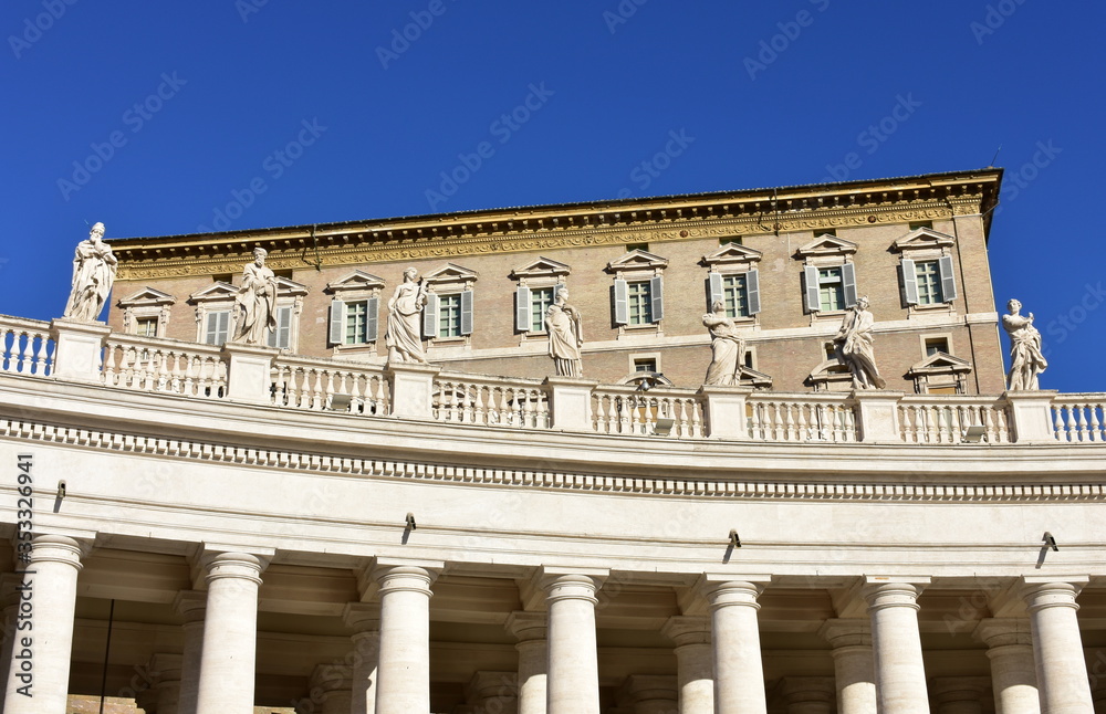 Bernini’s Colonnade and Apostolic Palace with the Papal Apartments at the St. Peter’s Square. Rome, Italy.
