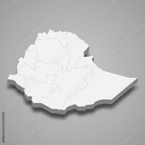 Ethiopia 3d map with borders of regions Template for your design