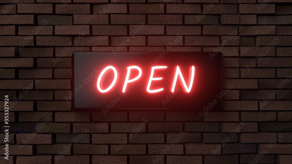 Obraz premium Open Red Neon Sign Isolated On The Brick Wall - 3D Illustration