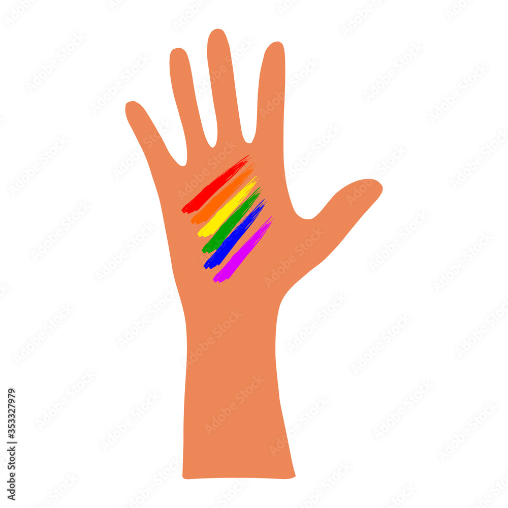 Obraz premium An open palm with dark skin and a rainbow on the hand.Flat illustration.LGBT.Vector illustration.