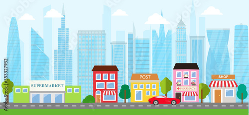 City urban landscape in flat design style, vector illustration. Includes small business, buildings, street, supermarket, coffee shop, roads, car, skyscrapers 