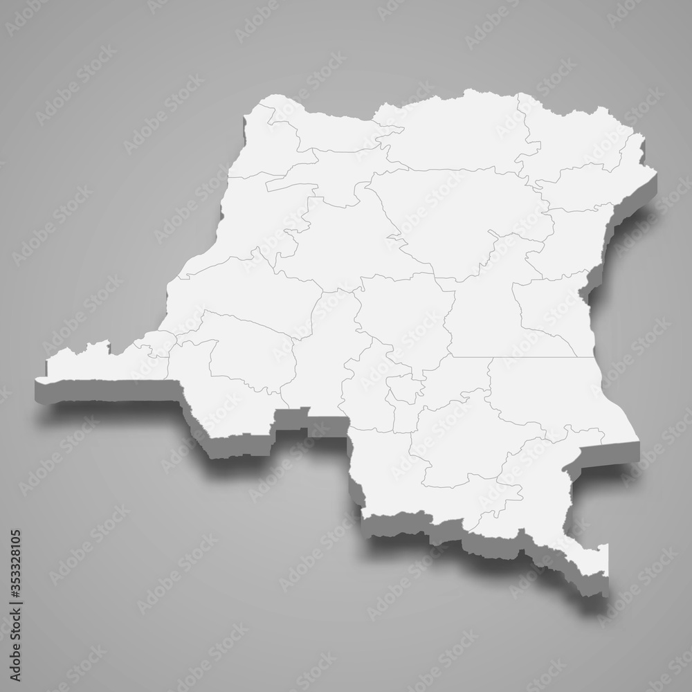 DR Congo 3d map with borders of regions Template for your design