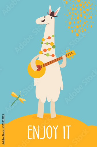Vector funny cartoon hand drawn enjoy it card with lama playing banjo.