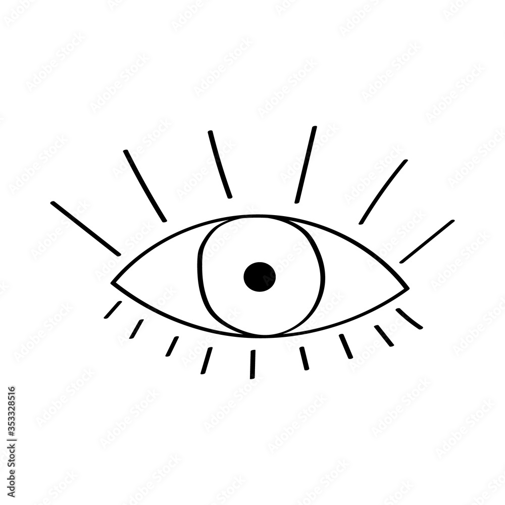 One eye drawn in the Doodle style.Eye with lashes simple drawing.Vector illustration.