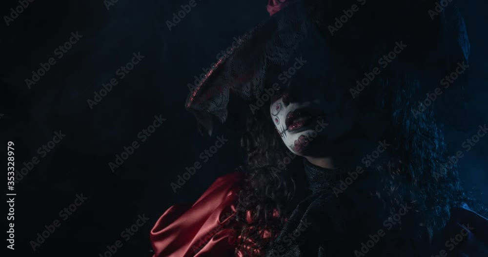 Pretty woman wearing a big red hat and makeup of a skull, Santa Muerte, 4k Pretty woman wearing a big red hat and makeup of a skull, Santa Muerte, 4k