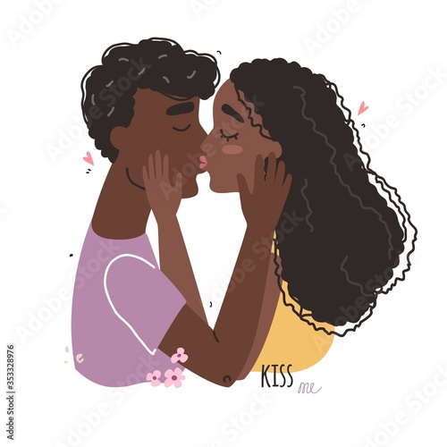 World kissing Day. Romantic black african american couple in love kissing.