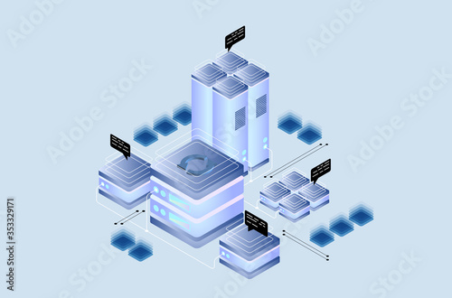 Datacenter server room cloud storage technology and big data processing Protecting data security concept. digital information. isometric.