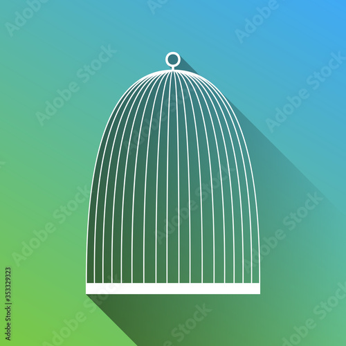 Bird cage sign. White Icon with gray dropped limitless shadow on green to blue background. Illustration.